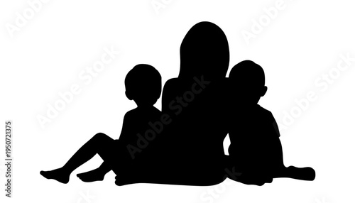 silhouette Mother and two children sitting together in a warm family black isolated on white background symbolizing love and togetherness