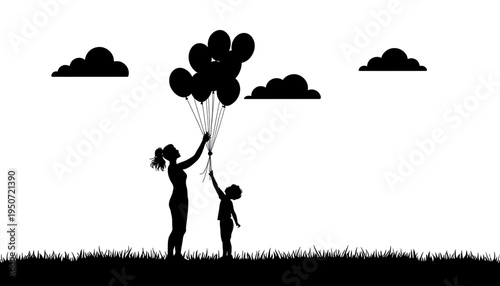 silhouette Mother and child holding black balloons on grassy field with clouds