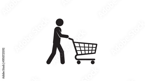 Shopping Cart Icon with Person Pushing Cart Silhouette Isolated on White for E-commerce, Retail and Online Shopping Concepts