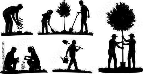 Silhouette of people planting trees various poses set collection. Family gardening and planting trees outdoor different poses silhouette set.
