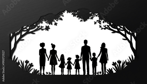 silhouette Diverse family of six holding hands in a park with trees and grass a symbol of unity and love in a natural setting