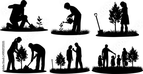 Silhouette of people planting trees various poses set collection. Family gardening and planting trees outdoor different poses silhouette set.
