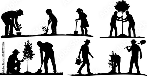 Silhouette of people planting trees various poses set collection. Family gardening and planting trees outdoor different poses silhouette set.
