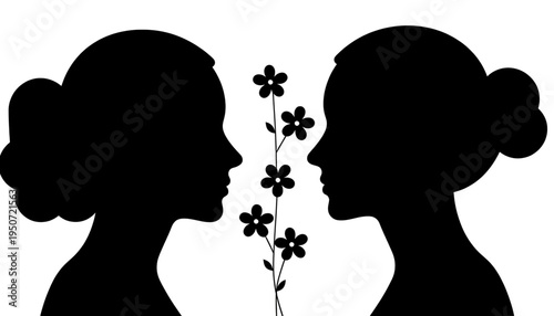 silhouette Mother and daughter in black sharing flowers