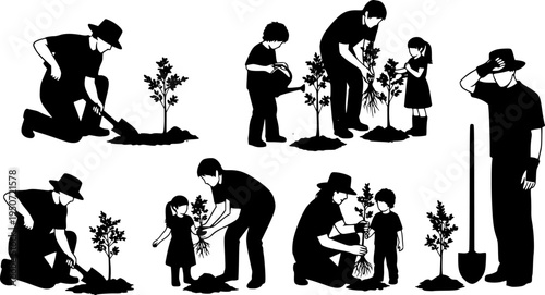 Silhouette of people planting trees various poses set collection. Family gardening and planting trees outdoor different poses silhouette set.
