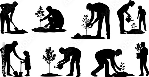 Silhouette of people planting trees various poses set collection. Family gardening and planting trees outdoor different poses silhouette set.
