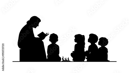 silhouette Grandmother reads to children kids listen intently family bonding reading storytelling vector illustration