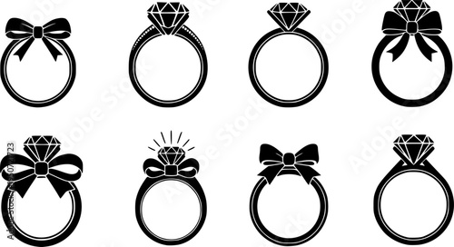 Engagement and Wedding Ring Silhouette Vector Icon Set with Diamonds and Bows
