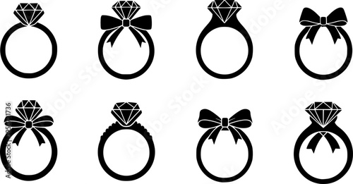Engagement and Wedding Ring Silhouette Vector Icon Set with Diamonds and Bows
