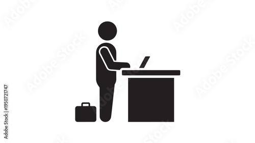 Businessman Working on Laptop Icon – Corporate Professional at Desk with Briefcase Silhouette