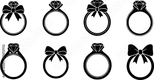 Engagement and Wedding Ring Silhouette Vector Icon Set with Diamonds and Bows
