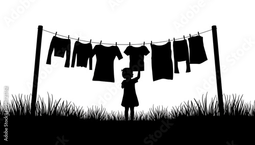 silhouette Mother and child hang laundry to dry on clothesline in sunny backyard with grass