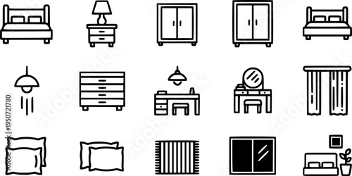 Dining Room Design Bold Line Icons-Dining Table Rectangular Dining Chair Pendant Light Cluster Sideboard Display Cabinet Wine Rack Bar Cart Centerpiece-15 Dining Room Icon Set Vector - Interior Design