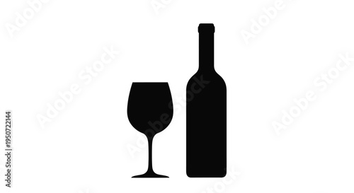 A black silhouette of a wine bottle and glass illustration