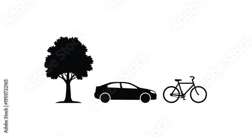 A tree car and bicycle depicted in a dark stark silhouette