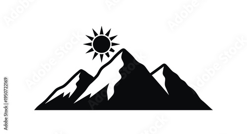 Mountain range and sun depicted in a striking black silhouette