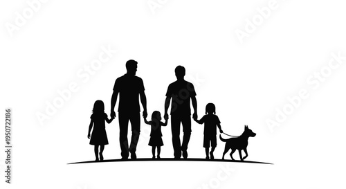 Family walking together with a dog depicted in black silhouette