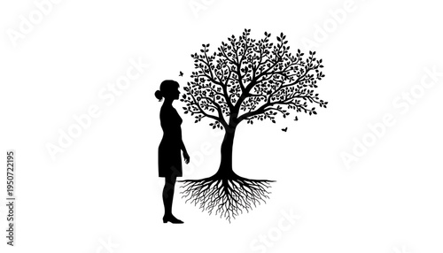 silhouette Woman standing beside tree with roots and leaves symbolizing growth and harmony with nature black vector illustration on white background