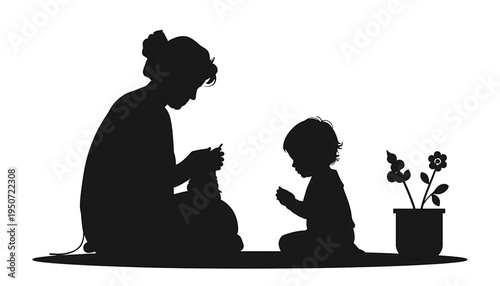 silhouette Of grandmother and grandchild sitting together with flowers