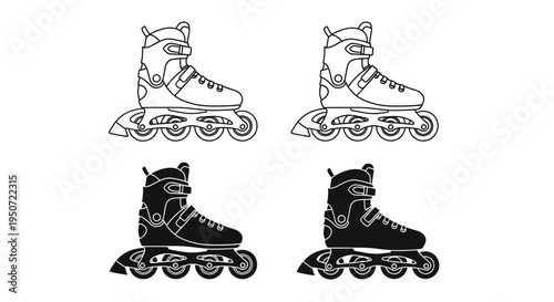 Pair of inline skates depicted in various line art styles silhouette