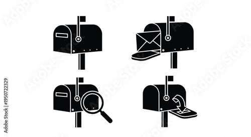 Four black mailbox icons with varying details a striking silhouette