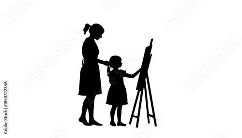 silhouette Mother guides young daughter painting on an easel in a heartwarming creative moment of artistic expression and learning