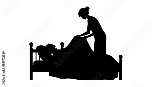 silhouette Mother tucking child into bed vector art