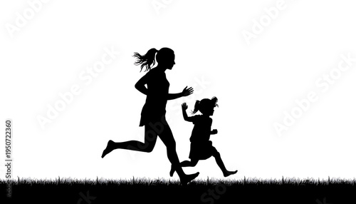 silhouette Mother and daughter running together in a field at sunset happy family outdoor activity vector illustration