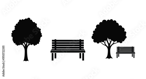 Minimalist park scene featuring trees and benches a black silhouette