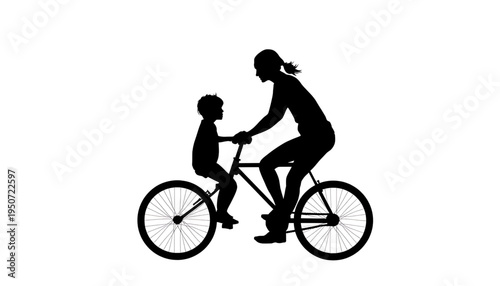 silhouette Mother teaching child to ride bicycle of woman helping young boy learn cycling family bonding moment