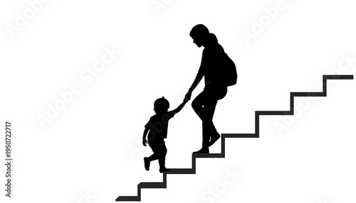 silhouette Mother holding hand of her little child while walking up the stairs together isolated on white background representing guidance support and parenting growth concept in minimalist vector