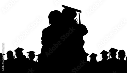 silhouette Two graduates embracing joyfully amidst a large crowd of students wearing academic caps in a minimalist black and white vector illustration design representing academic success and shared