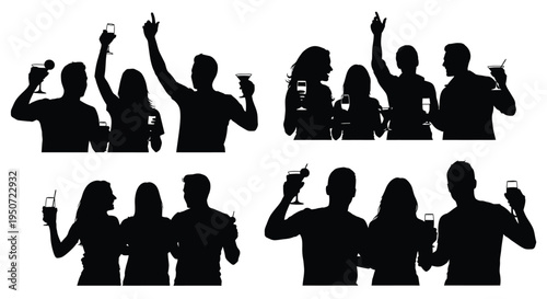 People celebrating with drinks raised in a joyful party silhouette