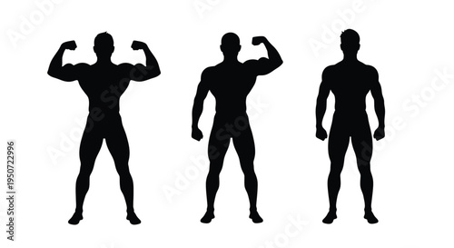 Three muscular men posing displaying various physiques a dark silhouette