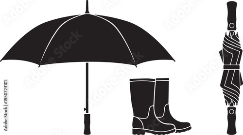 Rain Weather Protection and Umbrella Vector Silhouettes