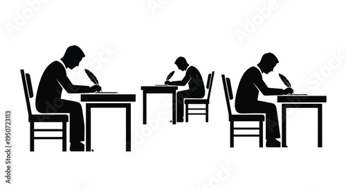 Students diligently taking an exam desks and chairs in a row silhouette