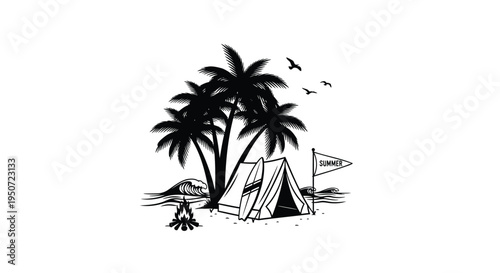 Vector illustration of camping scene with tent, palm trees, and campfire