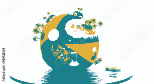 Vector illustration of a globe with a sailboat and trees