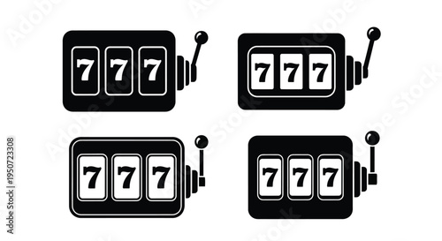 Four vintage slot machines displaying winning sevens black silhouette