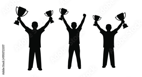 Victorious people raising trophies in a celebratory black silhouette