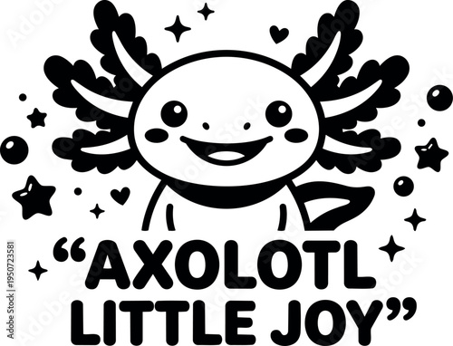 Cute smiling axolotl character with fins and stars around joyful expression black and white vector art