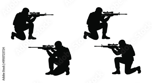 Four kneeling snipers aiming rifles in a stark black silhouette