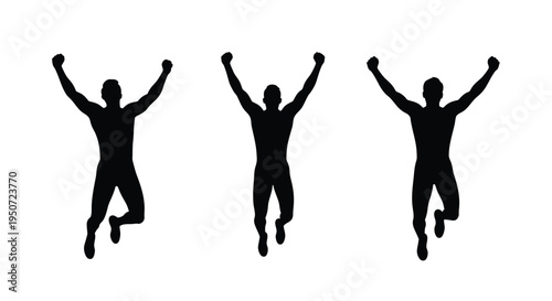 Three joyful figures leaping in the air a striking silhouette