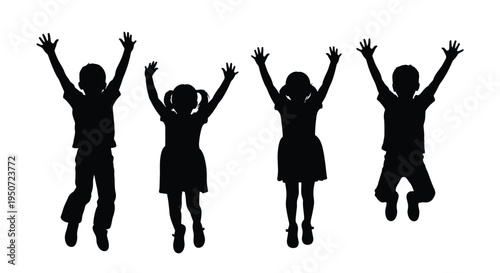 Four joyful children leaping with arms raised a dark silhouette