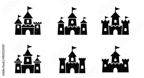 A collection of black castle icons in a minimalist silhouette