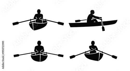Four distinct rowing boat figures presented as a striking silhouette