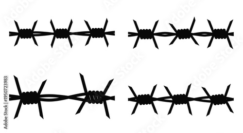 Four arrangements of black barbed wire depicted as a stark silhouette