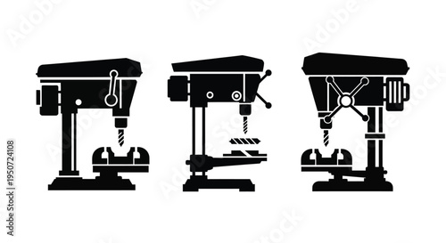 Three drill presses shown in a stark black silhouette