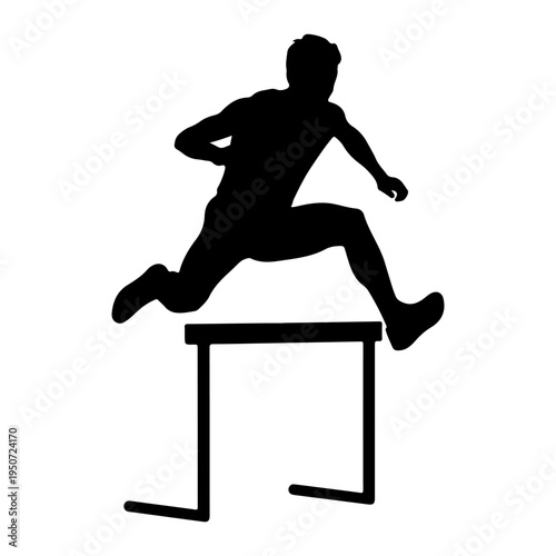 Silhouette of athlete jumping over hurdle, track and field vector illustration