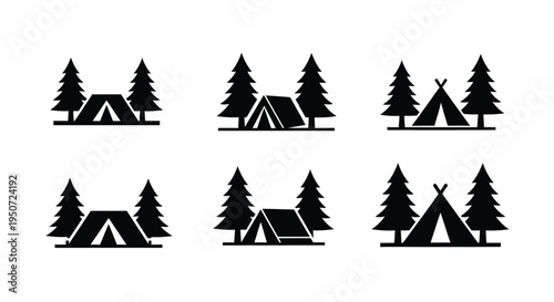 Camping scene with tents and trees in a stark silhouette